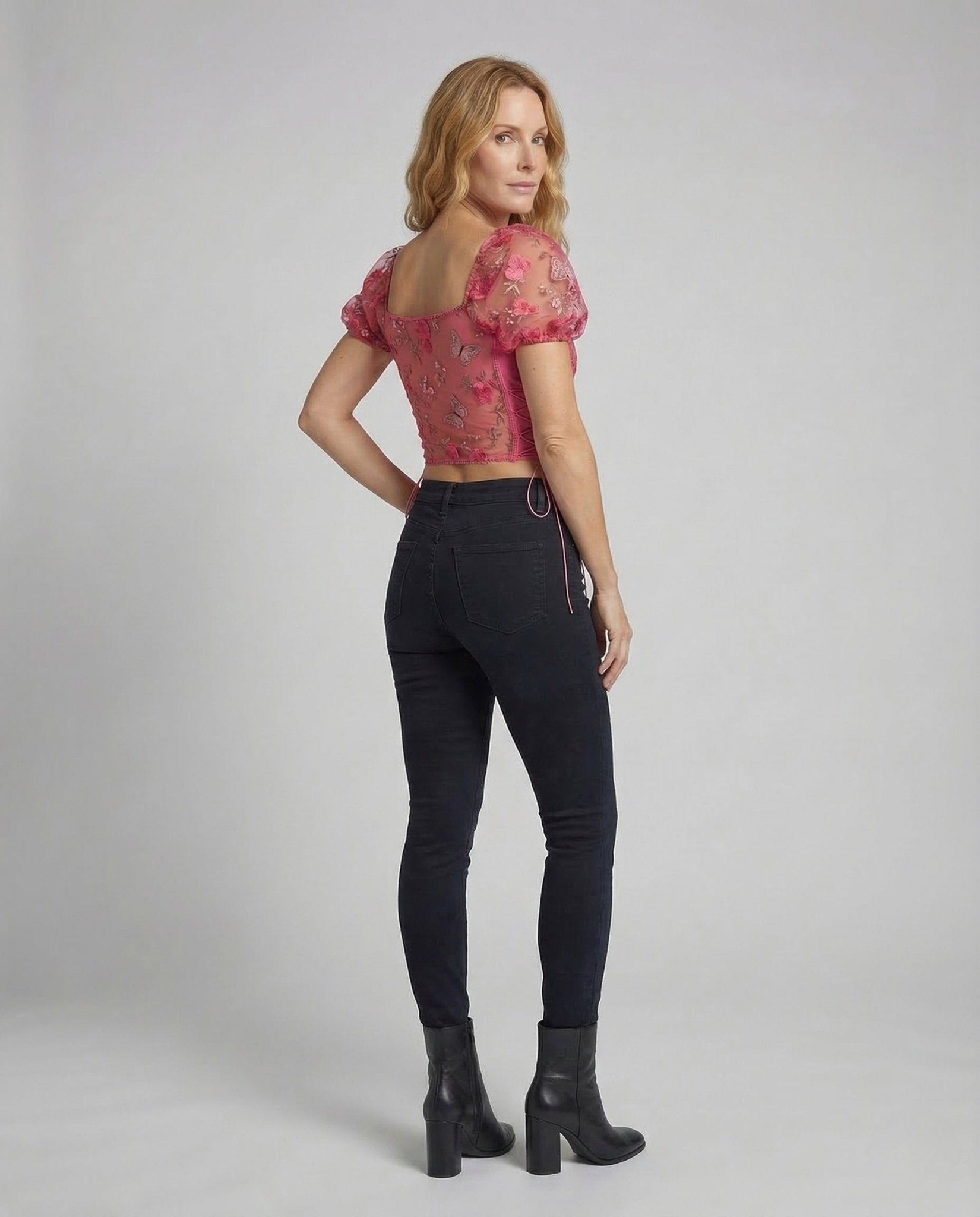 Women's Corset Crop Top Mesh Puff Sleeves - Chichicherry