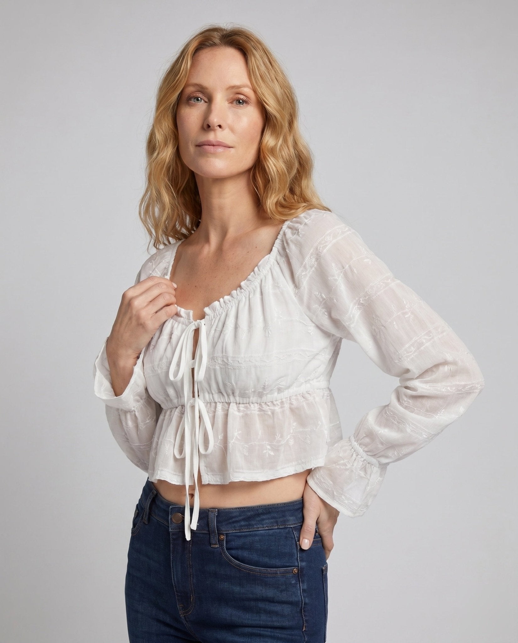 Women's Cotton Crop Blouse with Ruffle Details and Playful Lacing - Chichicherry