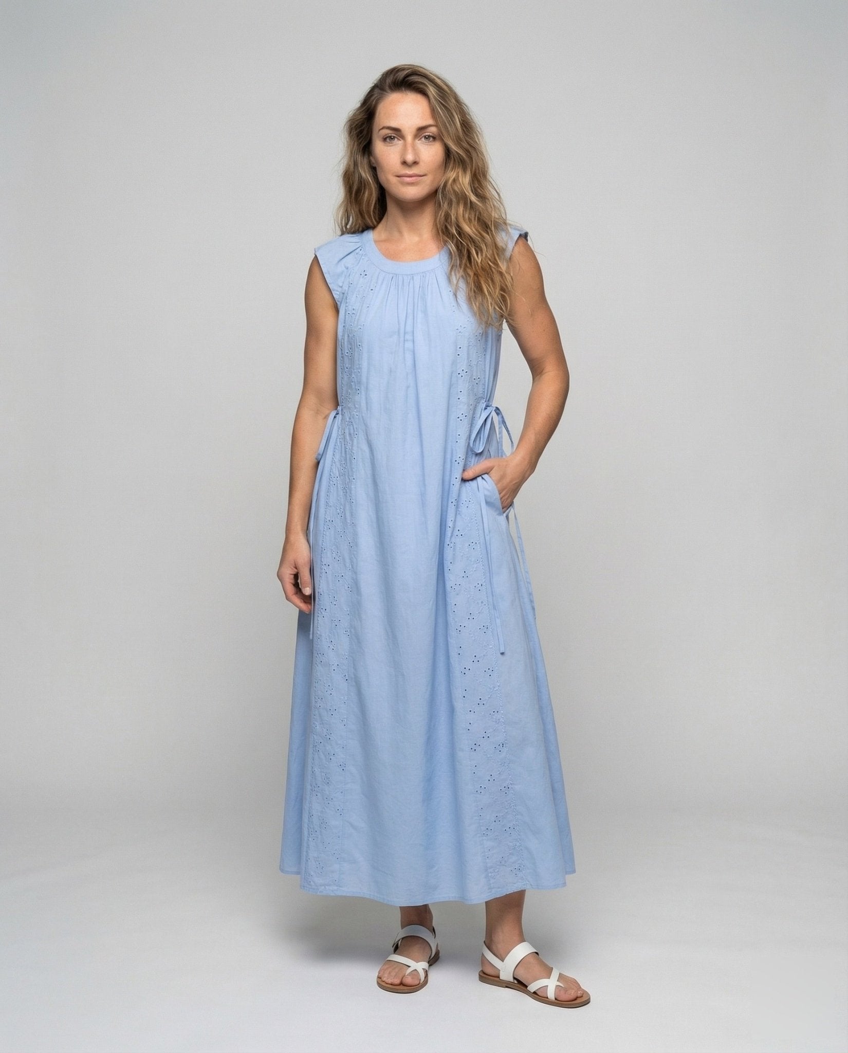 Women's Cotton Maxi Dress with Embroidery Inserts - Chichicherry