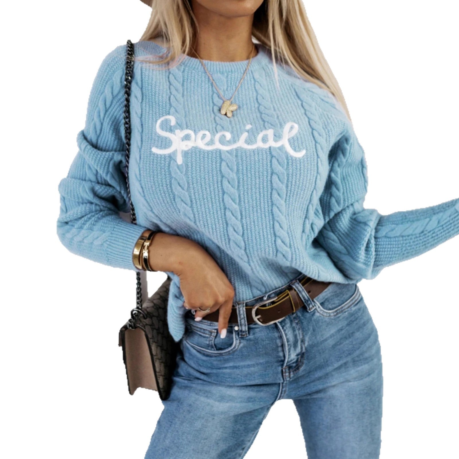 Women's Cozy Cable Knit Sweater with Embroidered Text - Chichicherry