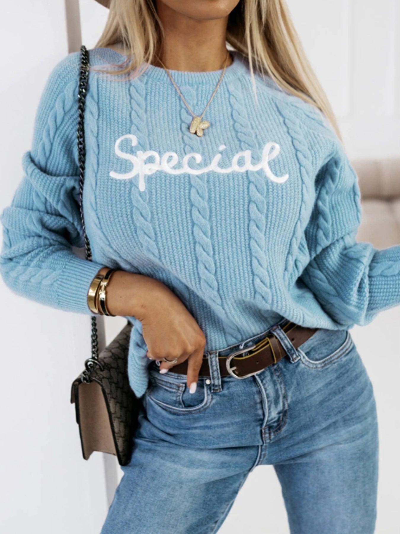 Women's Cozy Cable Knit Sweater with Embroidered Text - Chichicherry