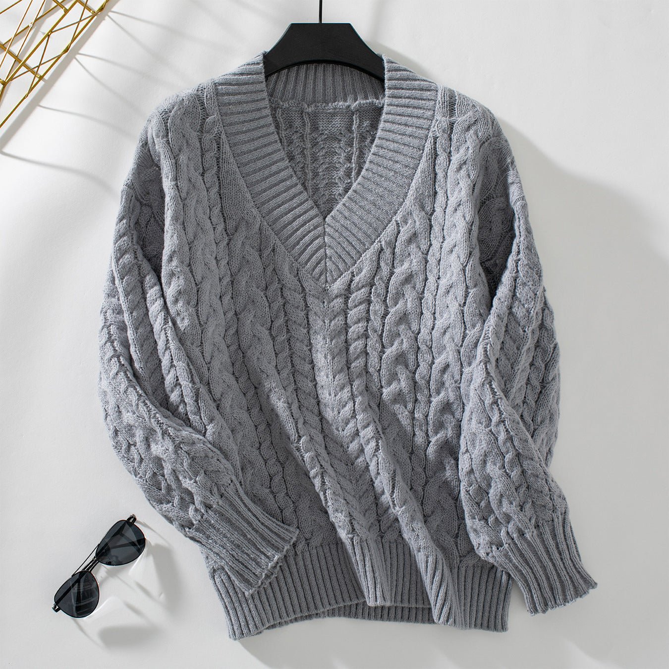 Women's Cozy Cable Knit V - Neck Sweater - Chichicherry