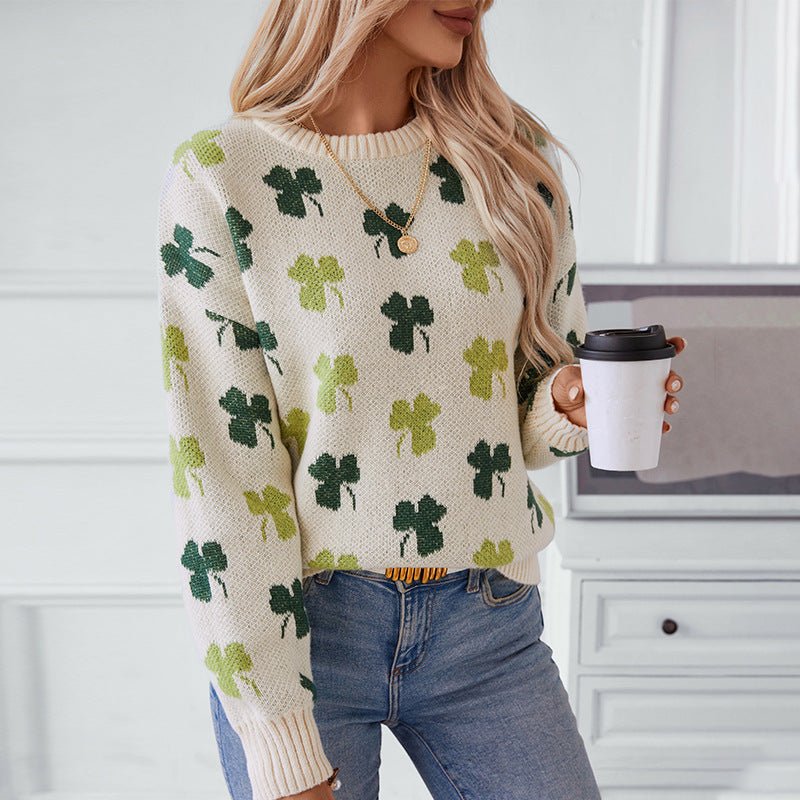 Women's Cozy Clover Pattern Knit Sweater - Chichicherry