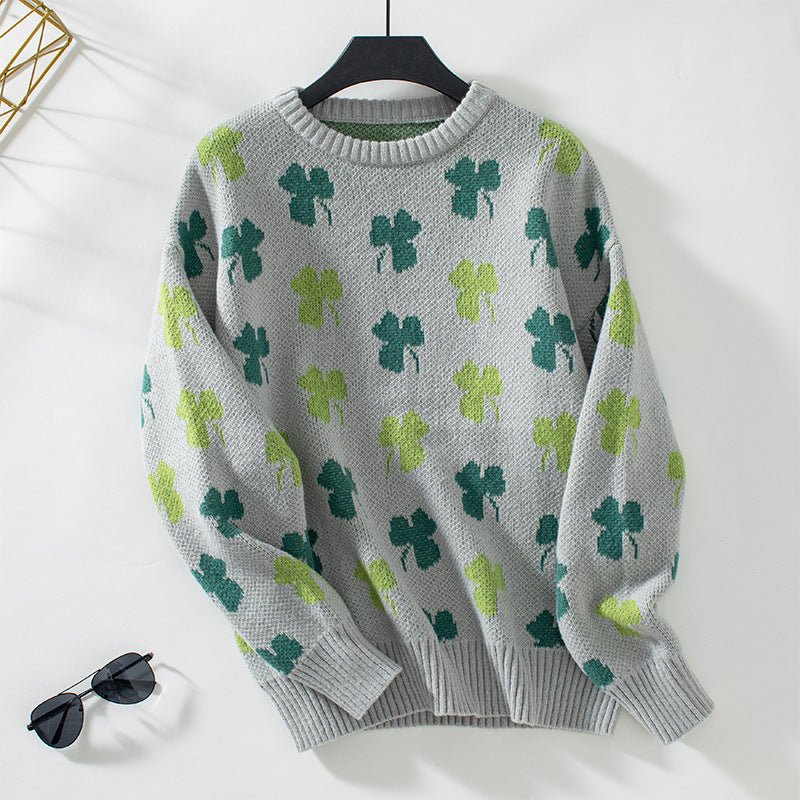 Women's Cozy Clover Pattern Knit Sweater - Chichicherry