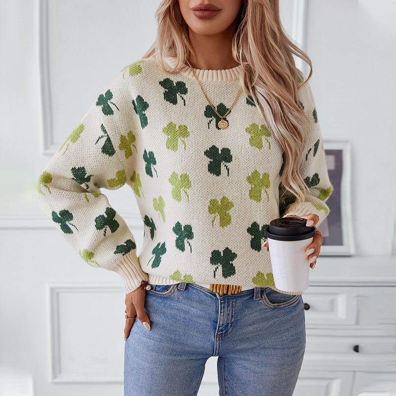 Women's Cozy Clover Pattern Knit Sweater - Chichicherry