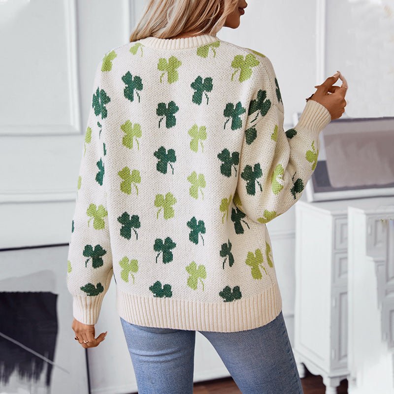 Women's Cozy Clover Pattern Knit Sweater - Chichicherry