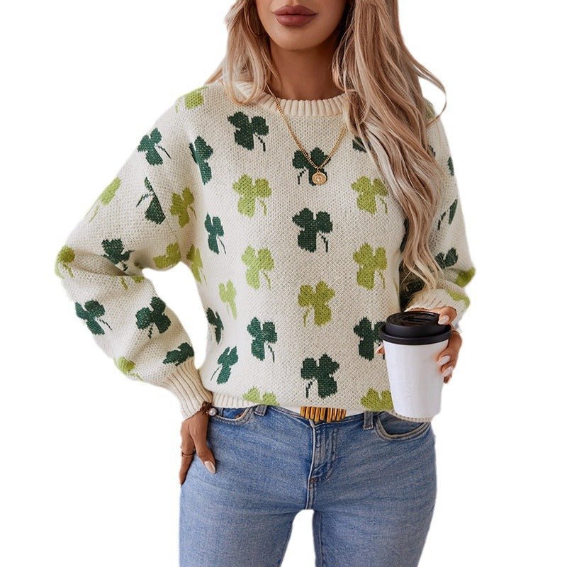 Women's Cozy Clover Pattern Knit Sweater - Chichicherry