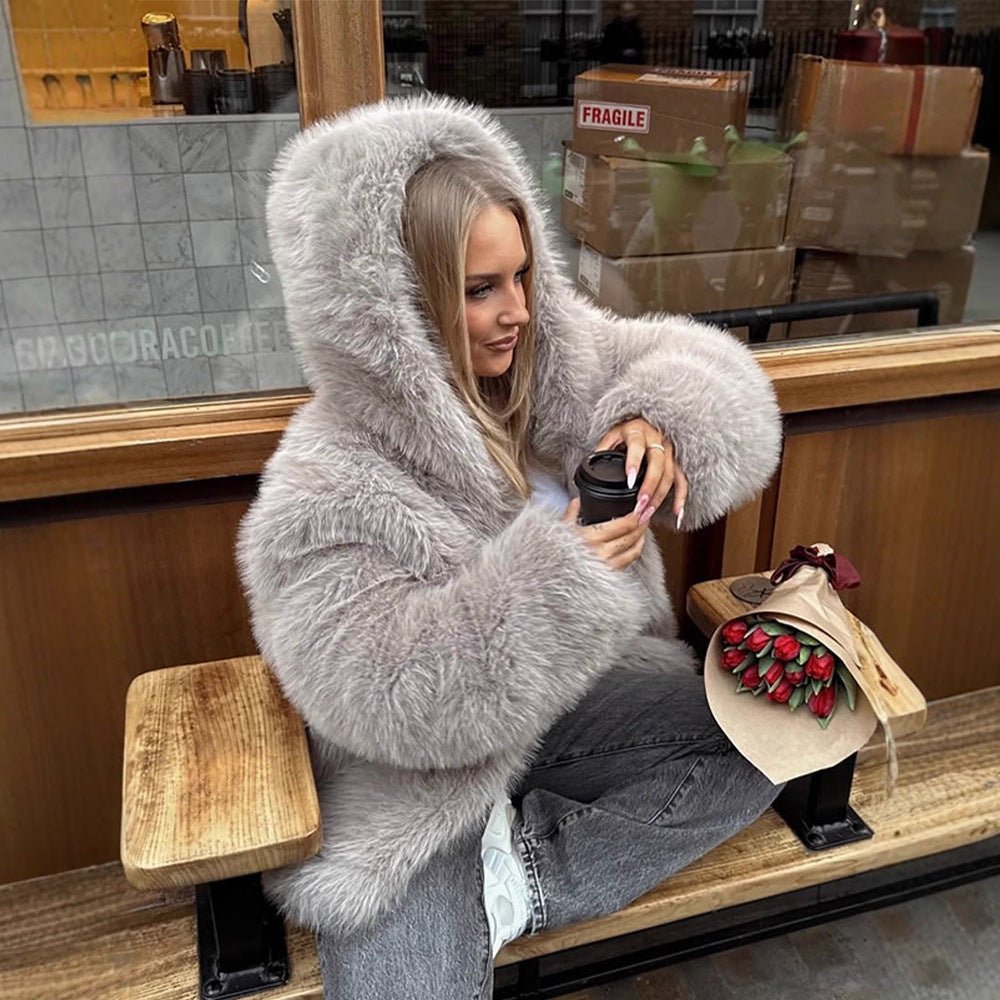 Women's Cozy Short Faux Fur Jacket with Extra Voluminous Hood Chichicherry - Chichicherry