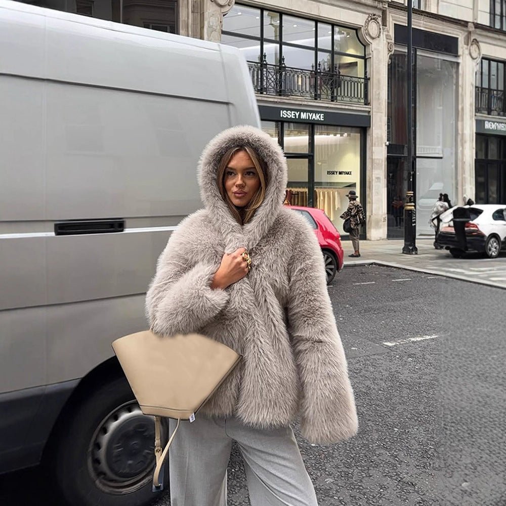 Women's Cozy Short Faux Fur Jacket with Extra Voluminous Hood Chichicherry - Chichicherry