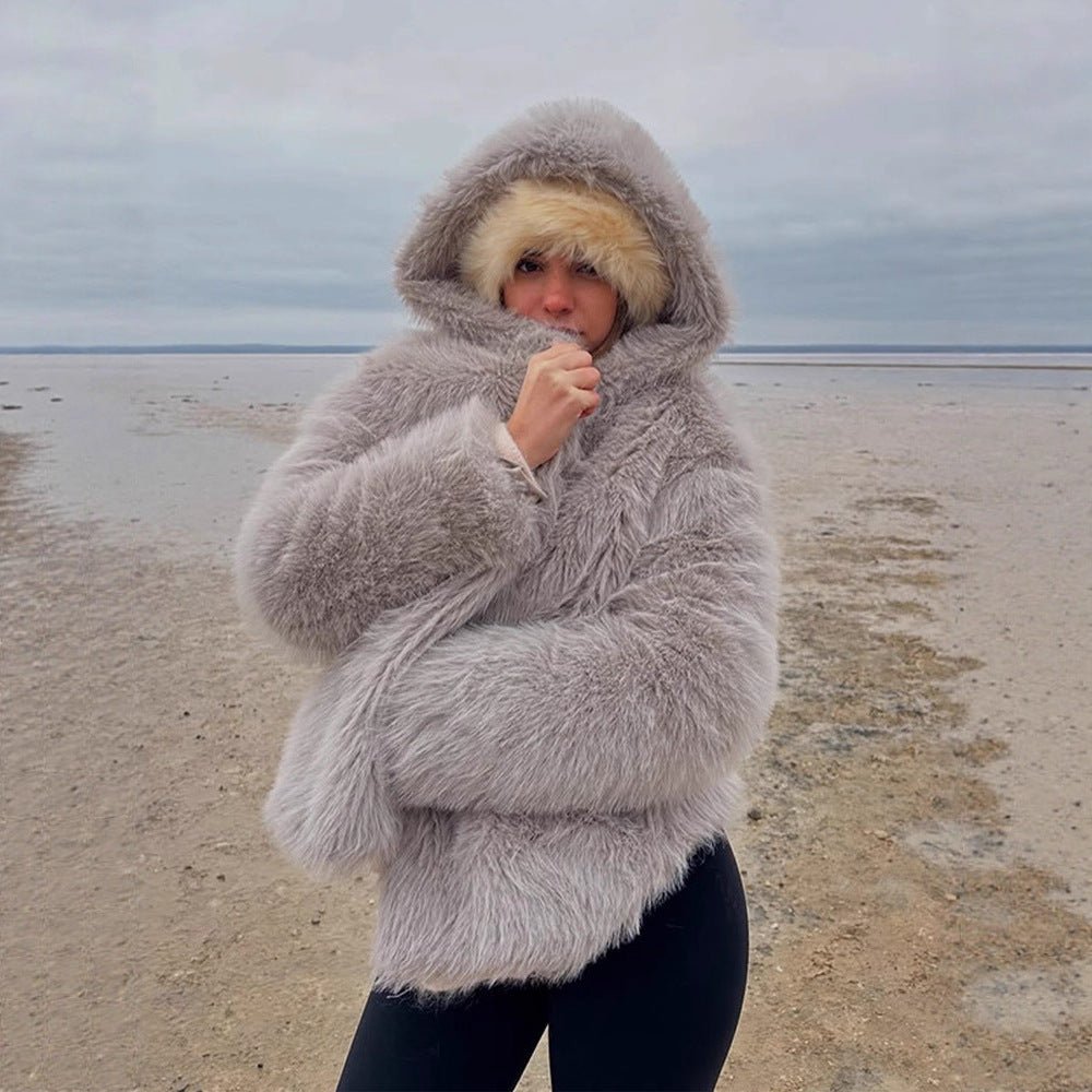 Women's Cozy Short Faux Fur Jacket with Extra Voluminous Hood Chichicherry - Chichicherry
