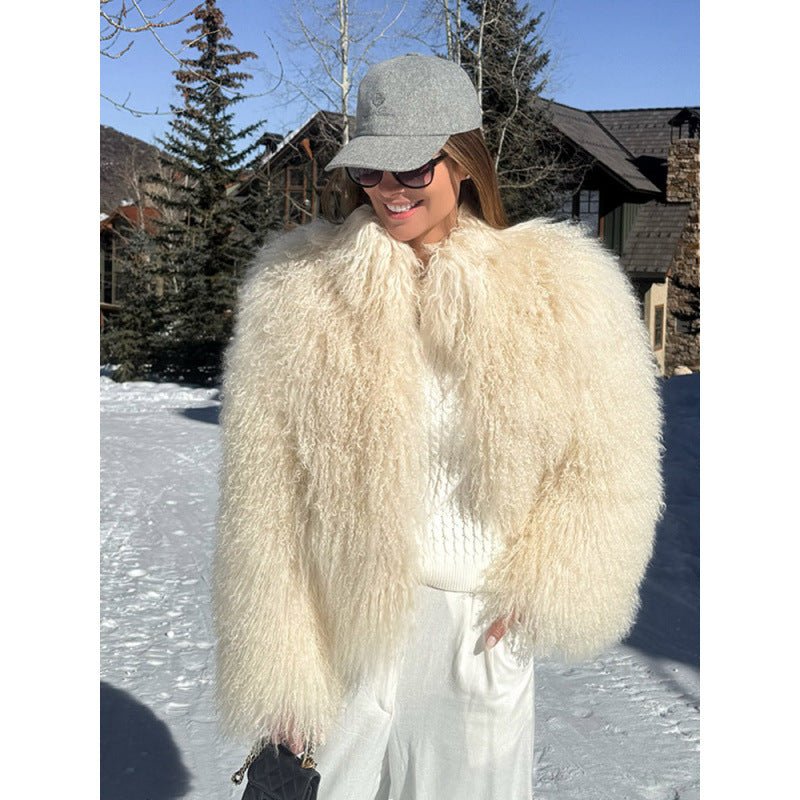 Women's Cozy Short Jacket in Lambskin Look with Curly Long Pile Structure Chichicherry - Chichicherry