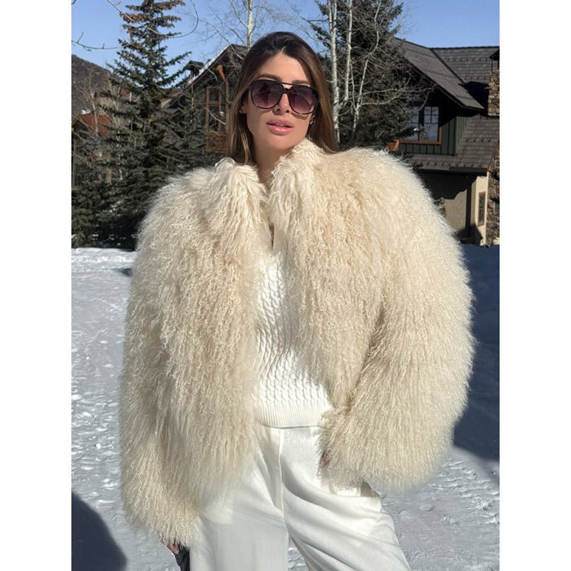 Women's Cozy Short Jacket in Lambskin Look with Curly Long Pile Structure Chichicherry - Chichicherry