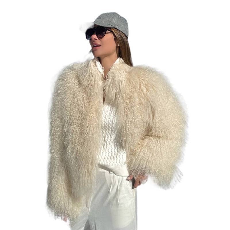 Women's Cozy Short Jacket in Lambskin Look with Curly Long Pile Structure Chichicherry - Chichicherry