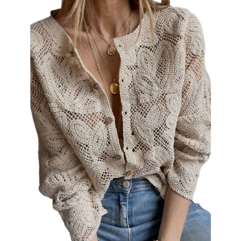 Women's Crochet Cardigan with Floral Openwork Pattern, Button Placket & Wavy Hem Chichicherry - Chichicherry