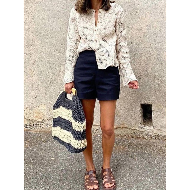 Women's Crochet Cardigan with Floral Openwork Pattern, Button Placket & Wavy Hem Chichicherry - Chichicherry
