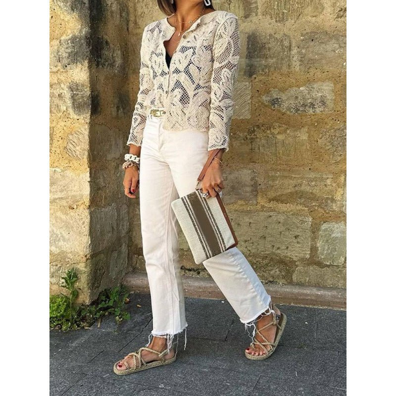 Women's Crochet Cardigan with Floral Openwork Pattern, Button Placket & Wavy Hem Chichicherry - Chichicherry