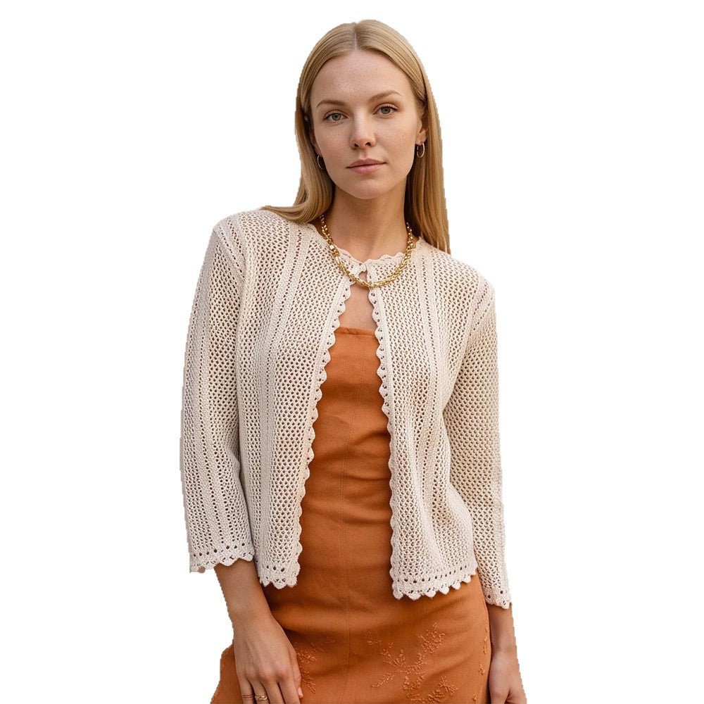 Women's crocheted short jacket with wavy hem, open front & 3/4 sleeves Chichicherry - Chichicherry