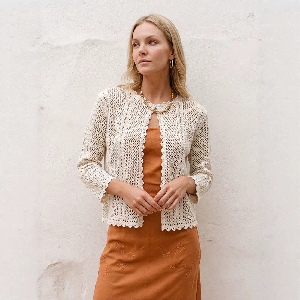 Women's crocheted short jacket with wavy hem, open front & 3/4 sleeves Chichicherry - Chichicherry