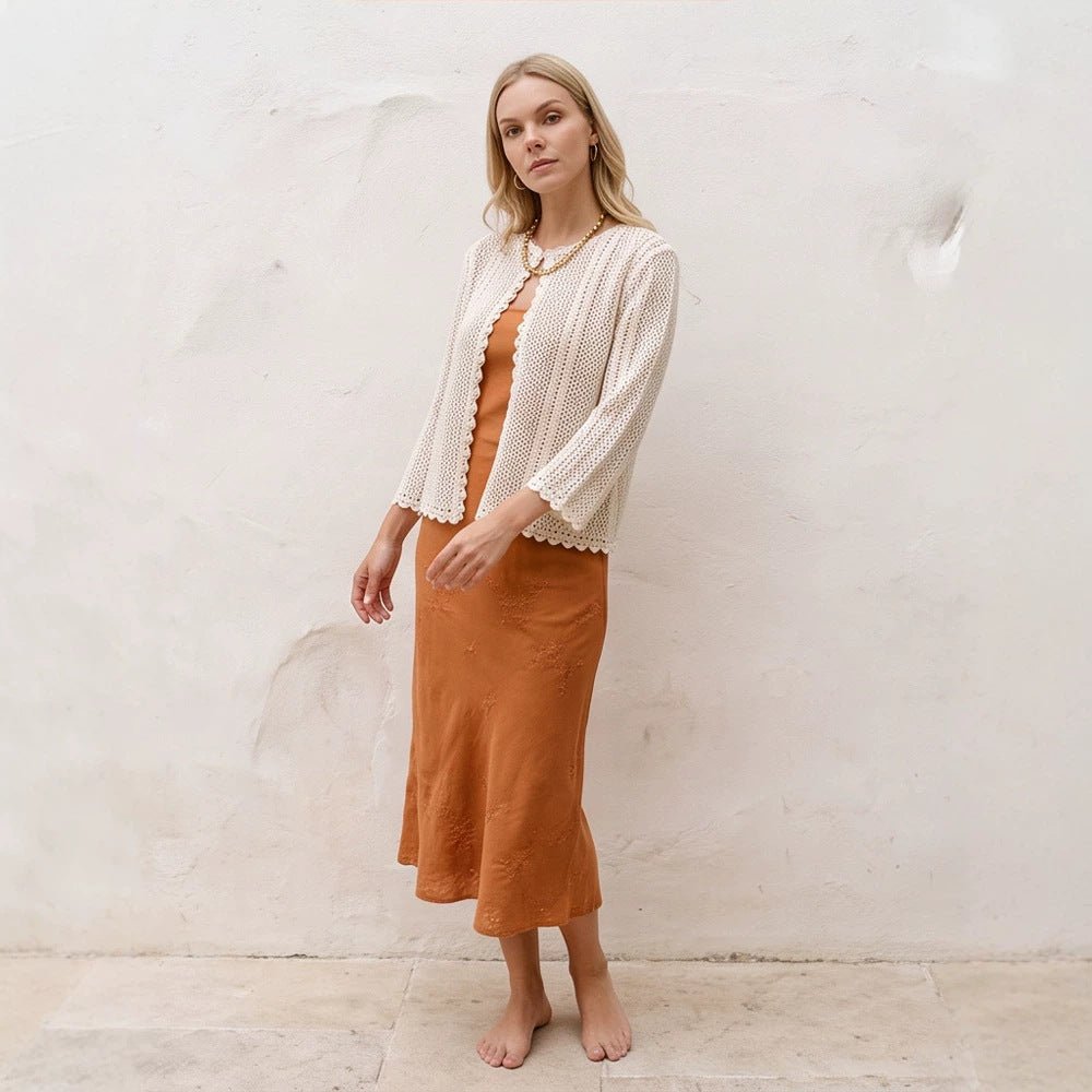 Women's crocheted short jacket with wavy hem, open front & 3/4 sleeves Chichicherry - Chichicherry