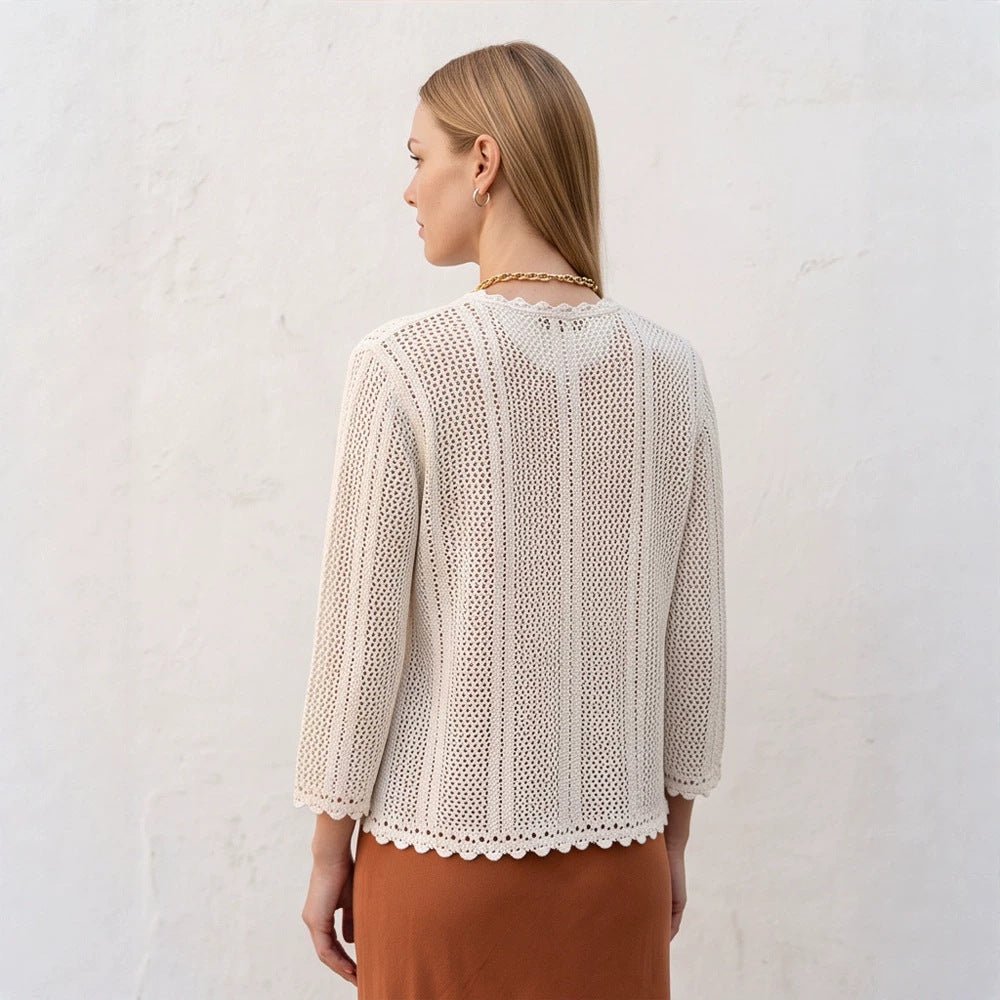 Women's crocheted short jacket with wavy hem, open front & 3/4 sleeves Chichicherry - Chichicherry