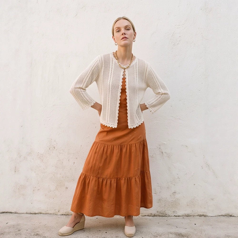 Women's crocheted short jacket with wavy hem, open front & 3/4 sleeves Chichicherry - Chichicherry