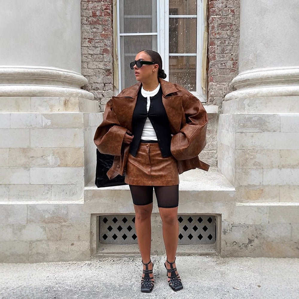Women's Cropped Boxy Faux Leather Coat with Oversized Lapels and Double-Breasted Button Placket Chichicherry - Chichicherry