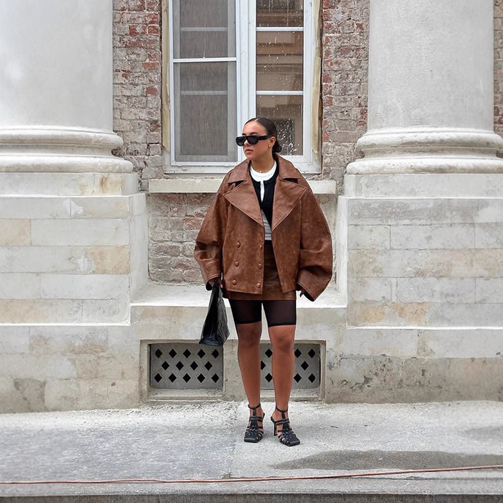 Women's Cropped Boxy Faux Leather Coat with Oversized Lapels and Double-Breasted Button Placket Chichicherry - Chichicherry