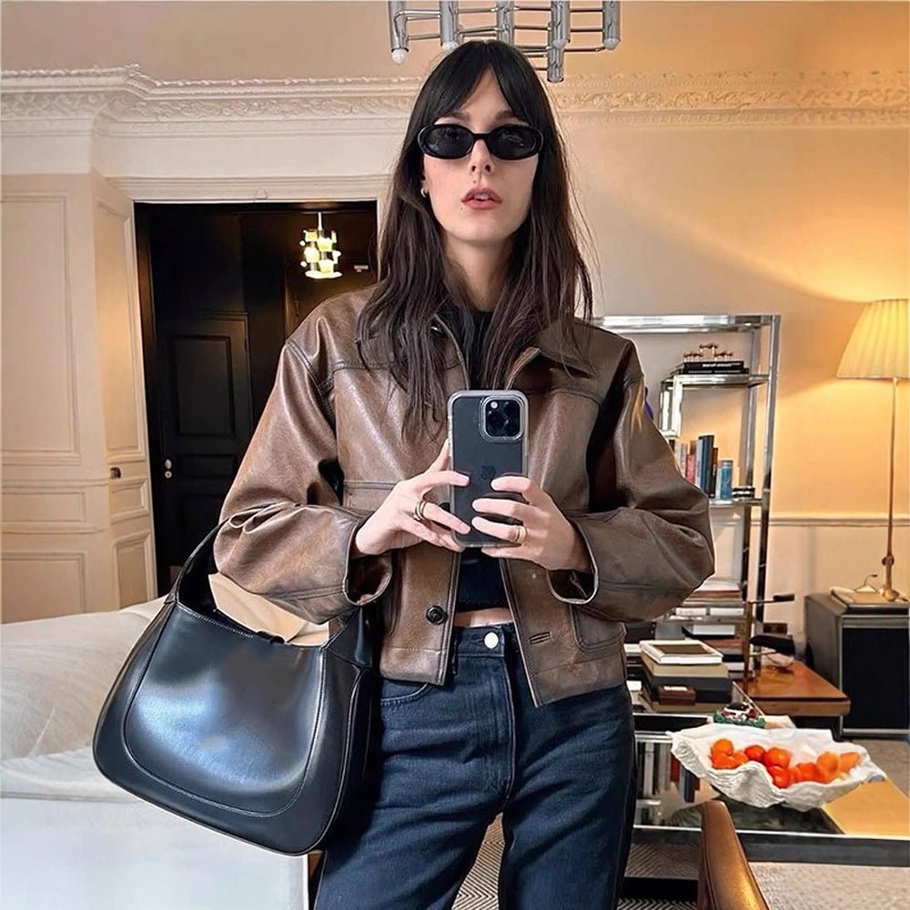 Women's cropped boxy jacket made of vegan leather with shirt collar Chichicherry - Chichicherry
