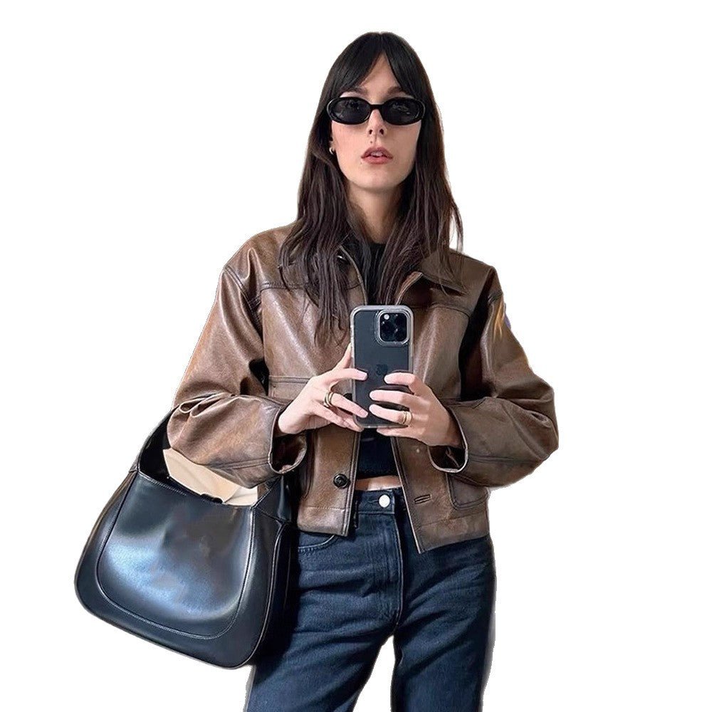 Women's cropped boxy jacket made of vegan leather with shirt collar Chichicherry - Chichicherry