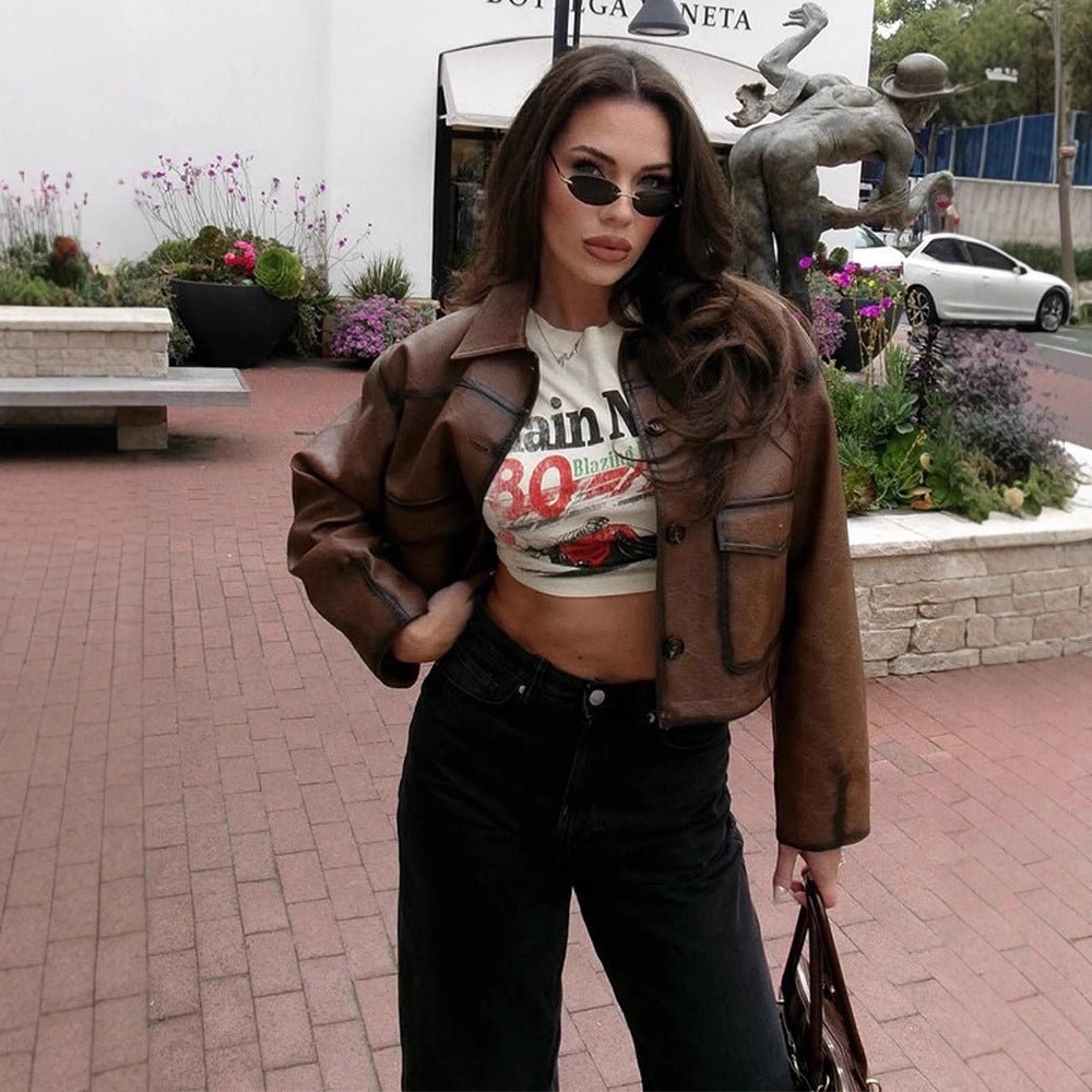 Women's cropped boxy jacket made of vegan leather with shirt collar Chichicherry - Chichicherry