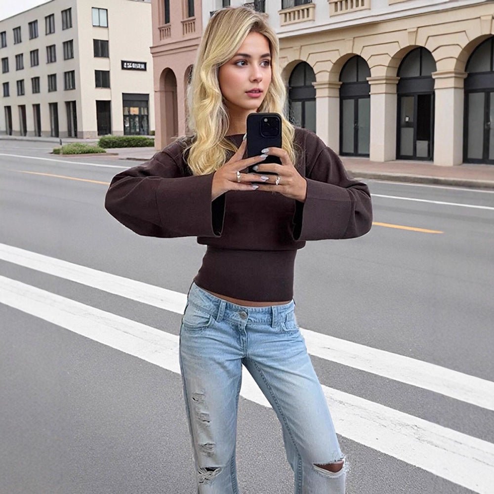 Women's Cropped Fine Knit Sweater with Wide Cuff Sleeves and Fitted Ribbed Waistband Chichicherry - Chichicherry