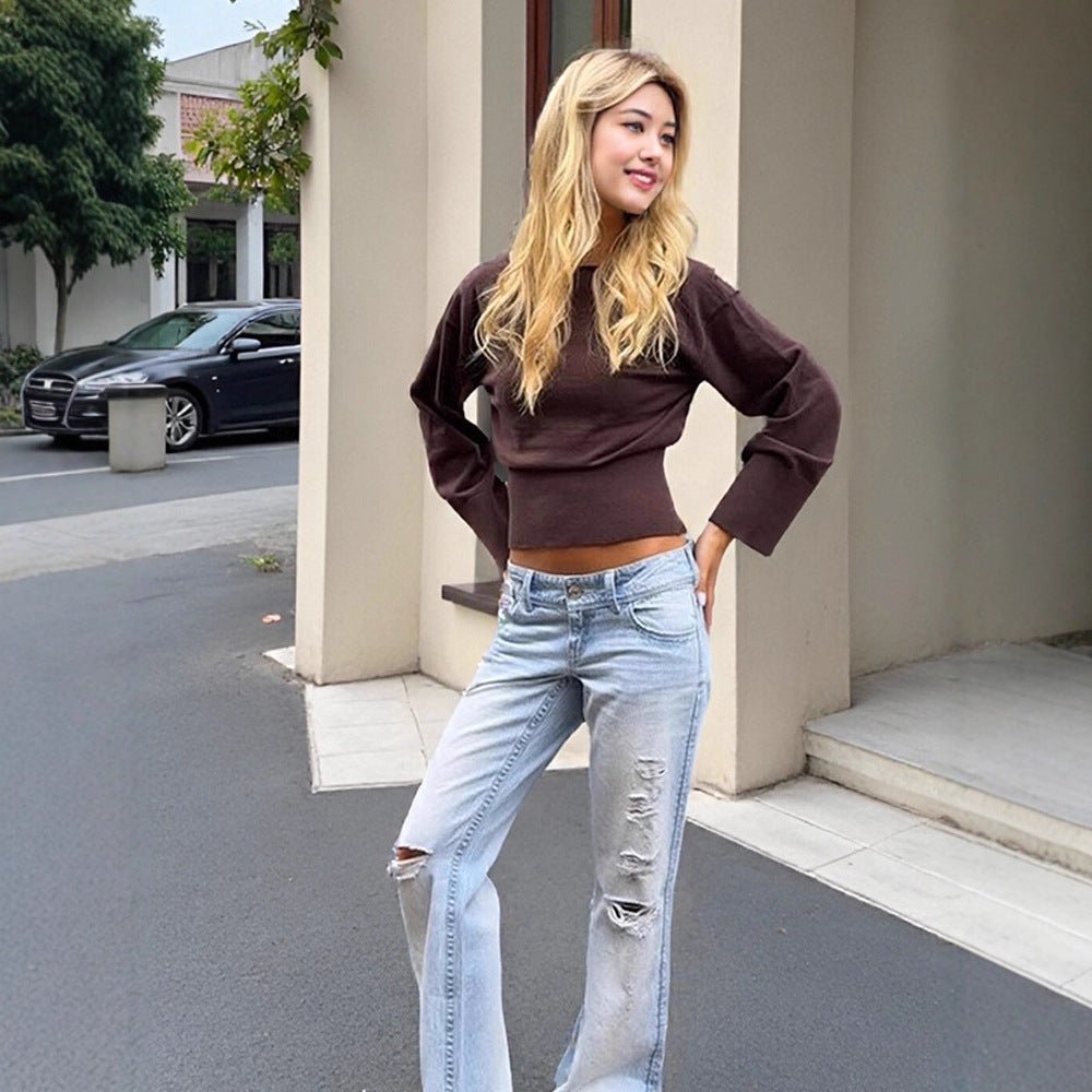 Women's Cropped Fine Knit Sweater with Wide Cuff Sleeves and Fitted Ribbed Waistband Chichicherry - Chichicherry