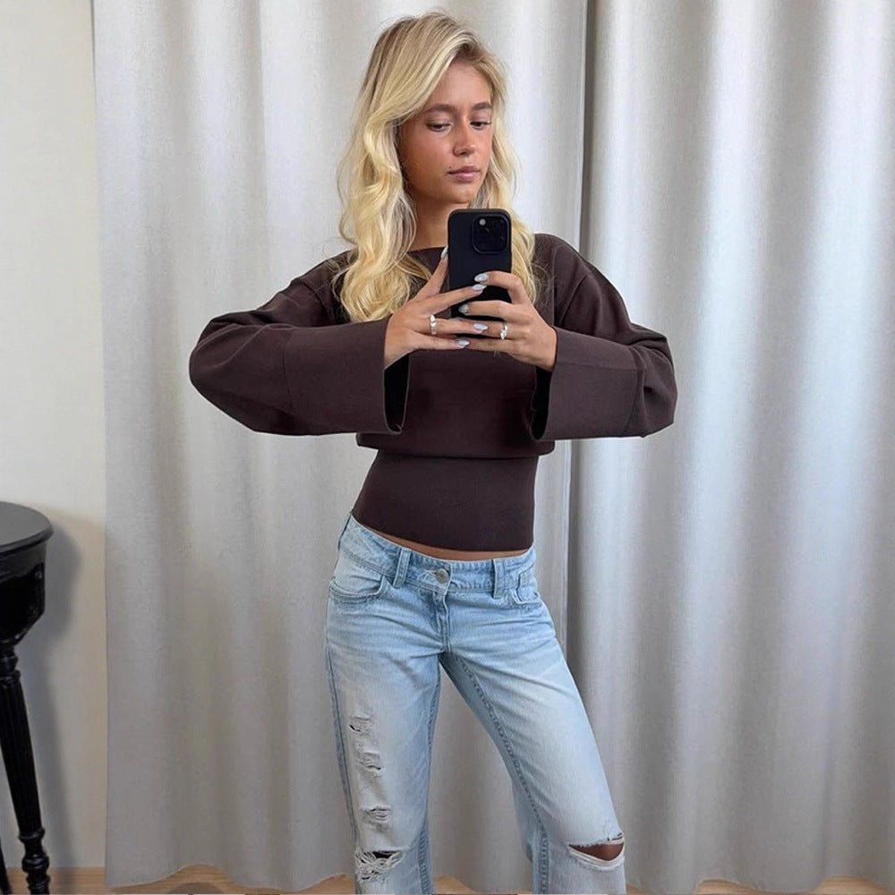 Women's Cropped Fine Knit Sweater with Wide Cuff Sleeves and Fitted Ribbed Waistband Chichicherry - Chichicherry