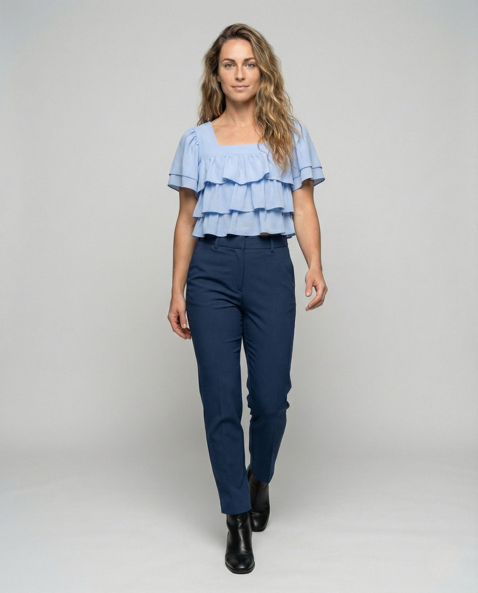 Women's Cropped Ruffle Top with Square Neckline - Chichicherry