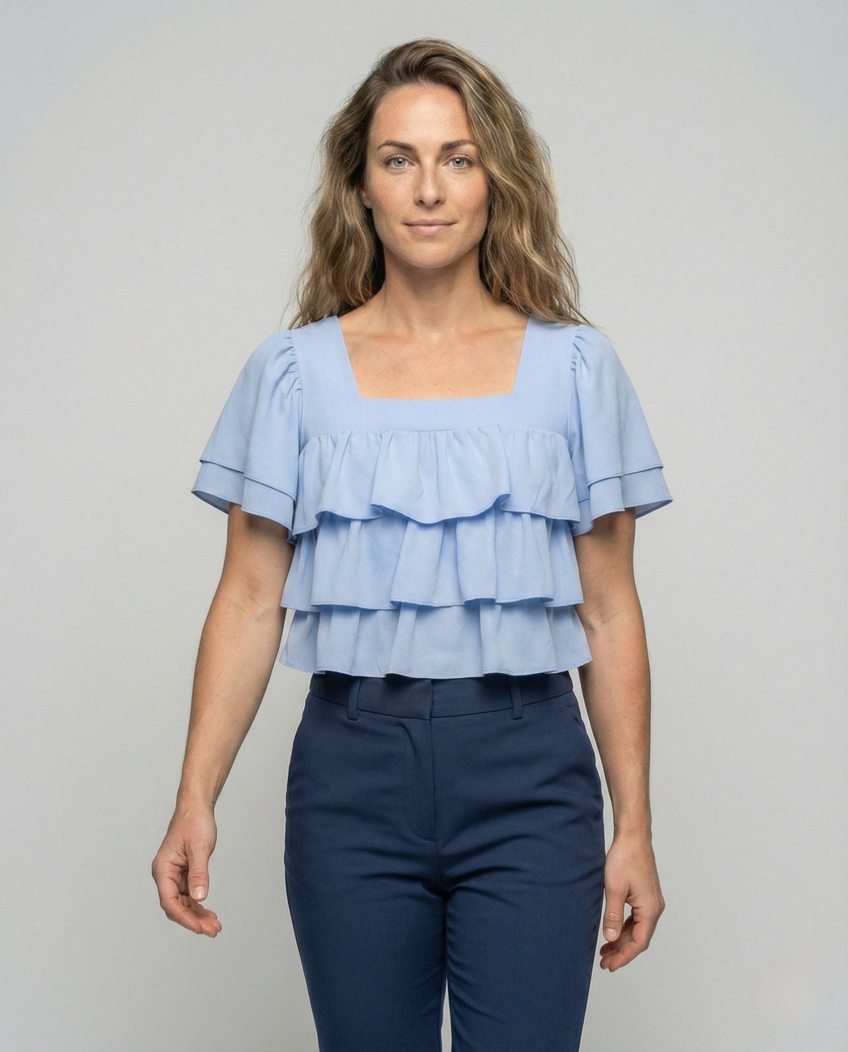 Women's Cropped Ruffle Top with Square Neckline - Chichicherry
