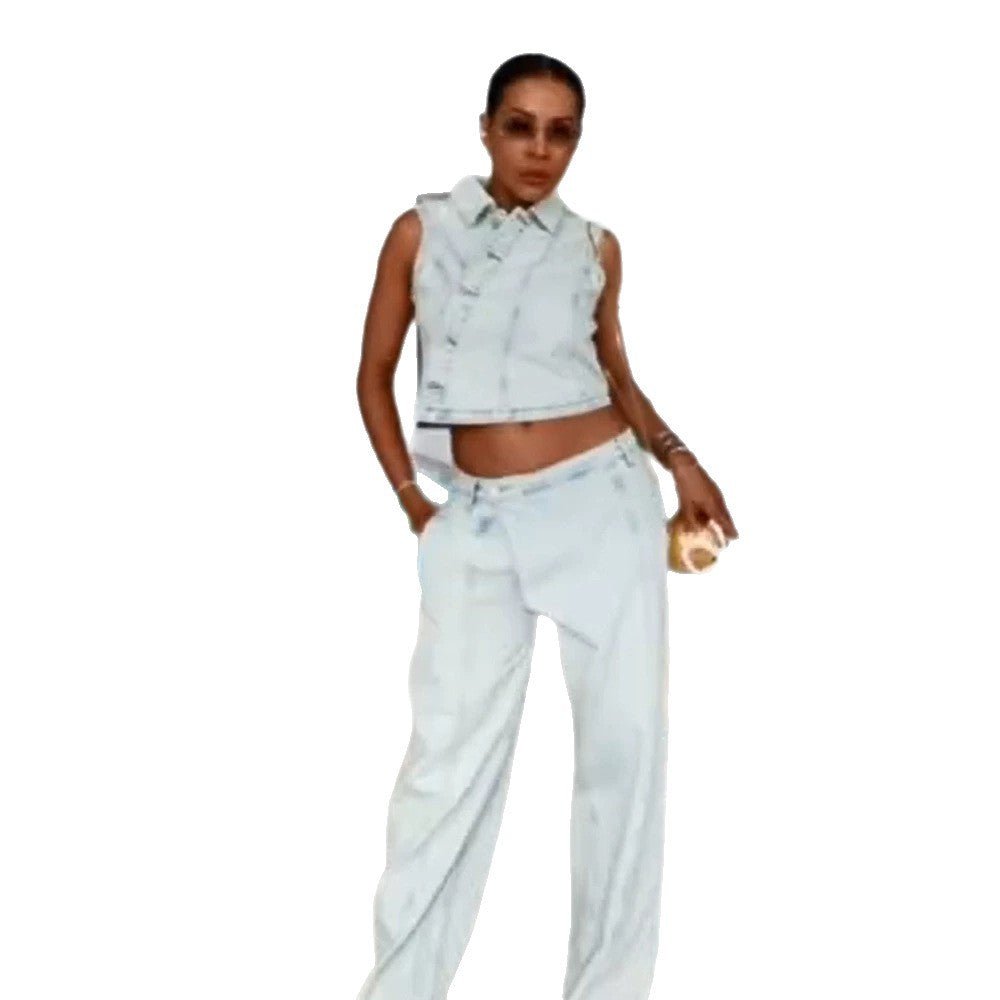 Women's Cropped Sleeveless Denim Set with Tailored Vest & Wide High-Waist Pants Chichicherry - Chichicherry