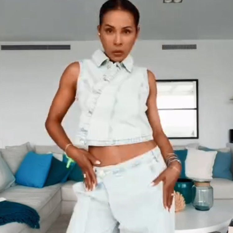 Women's Cropped Sleeveless Denim Set with Tailored Vest & Wide High-Waist Pants Chichicherry - Chichicherry