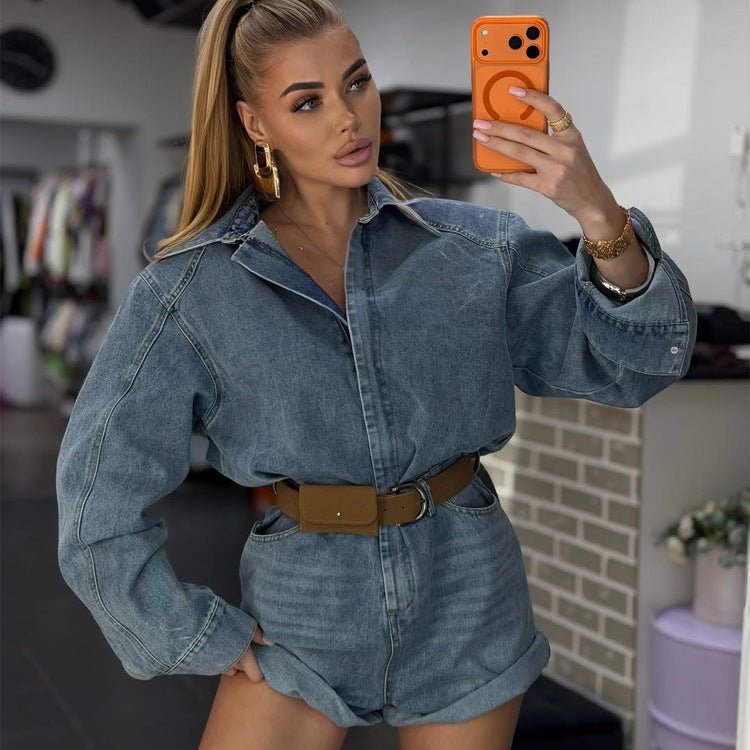 Women's Denim Shorts Overall with Boxy Shirt Top and Waist Belt Chichicherry - Chichicherry