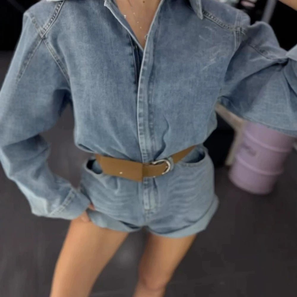 Women's Denim Shorts Overall with Boxy Shirt Top and Waist Belt Chichicherry - Chichicherry