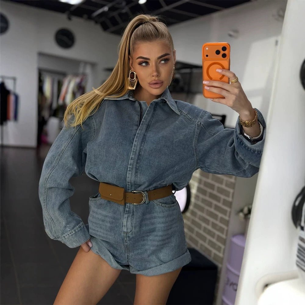 Women's Denim Shorts Overall with Boxy Shirt Top and Waist Belt Chichicherry - Chichicherry