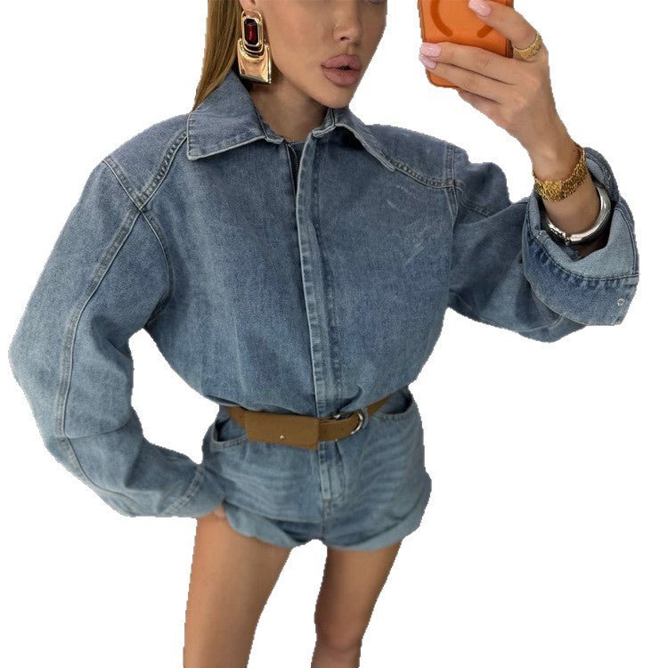 Women's Denim Shorts Overall with Boxy Shirt Top and Waist Belt Chichicherry - Chichicherry