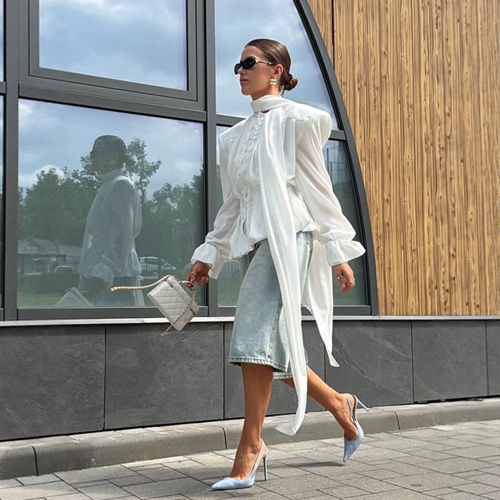 Women's Elegant Blouse with Bow Tie Collar, Emphasized Shoulders, and Long Ties Chichicherry - Chichicherry