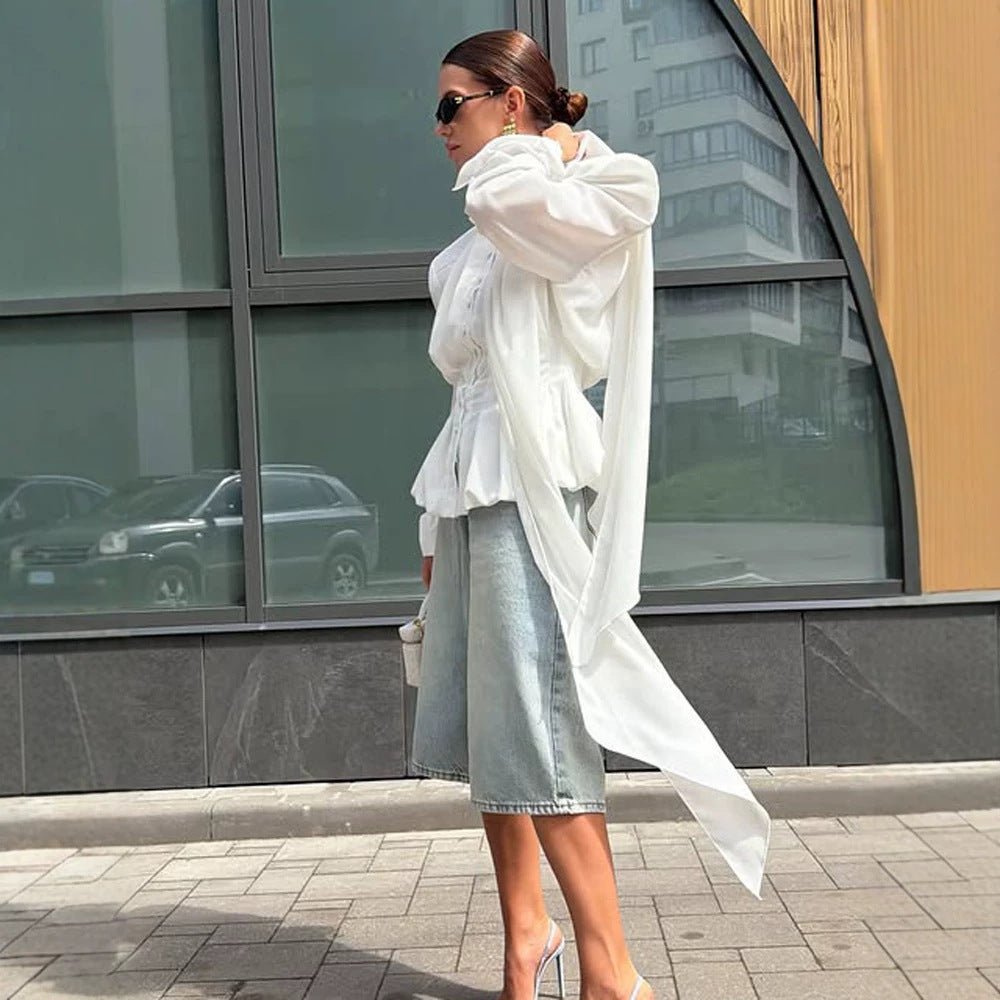 Women's Elegant Blouse with Bow Tie Collar, Emphasized Shoulders, and Long Ties Chichicherry - Chichicherry