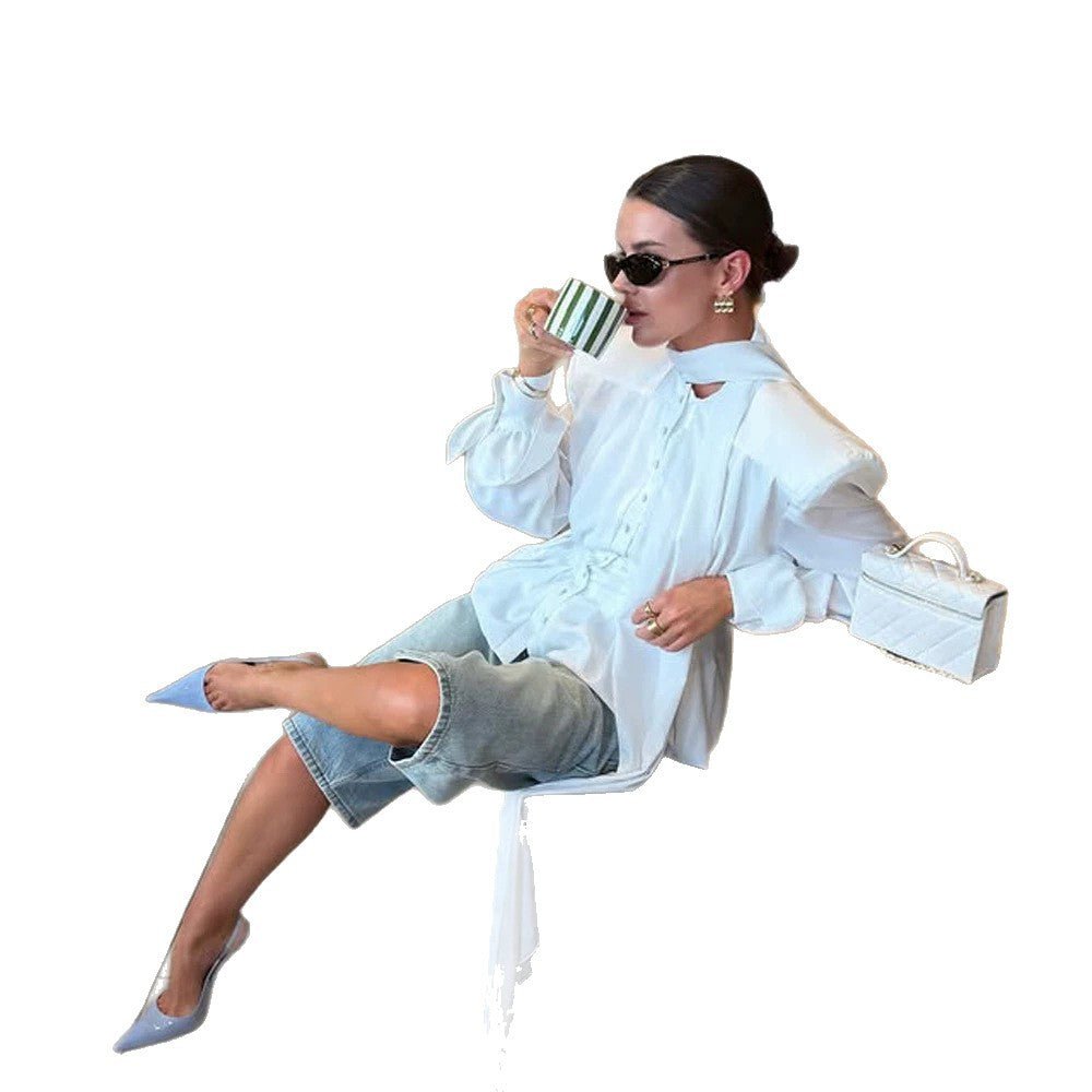 Women's Elegant Blouse with Bow Tie Collar, Emphasized Shoulders, and Long Ties Chichicherry - Chichicherry