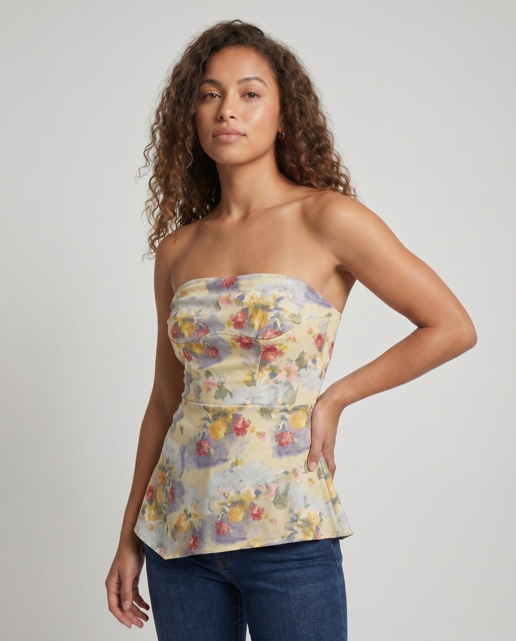 Women's elegant strapless blouse top with floral design and asymmetrical hem - Chichicherry