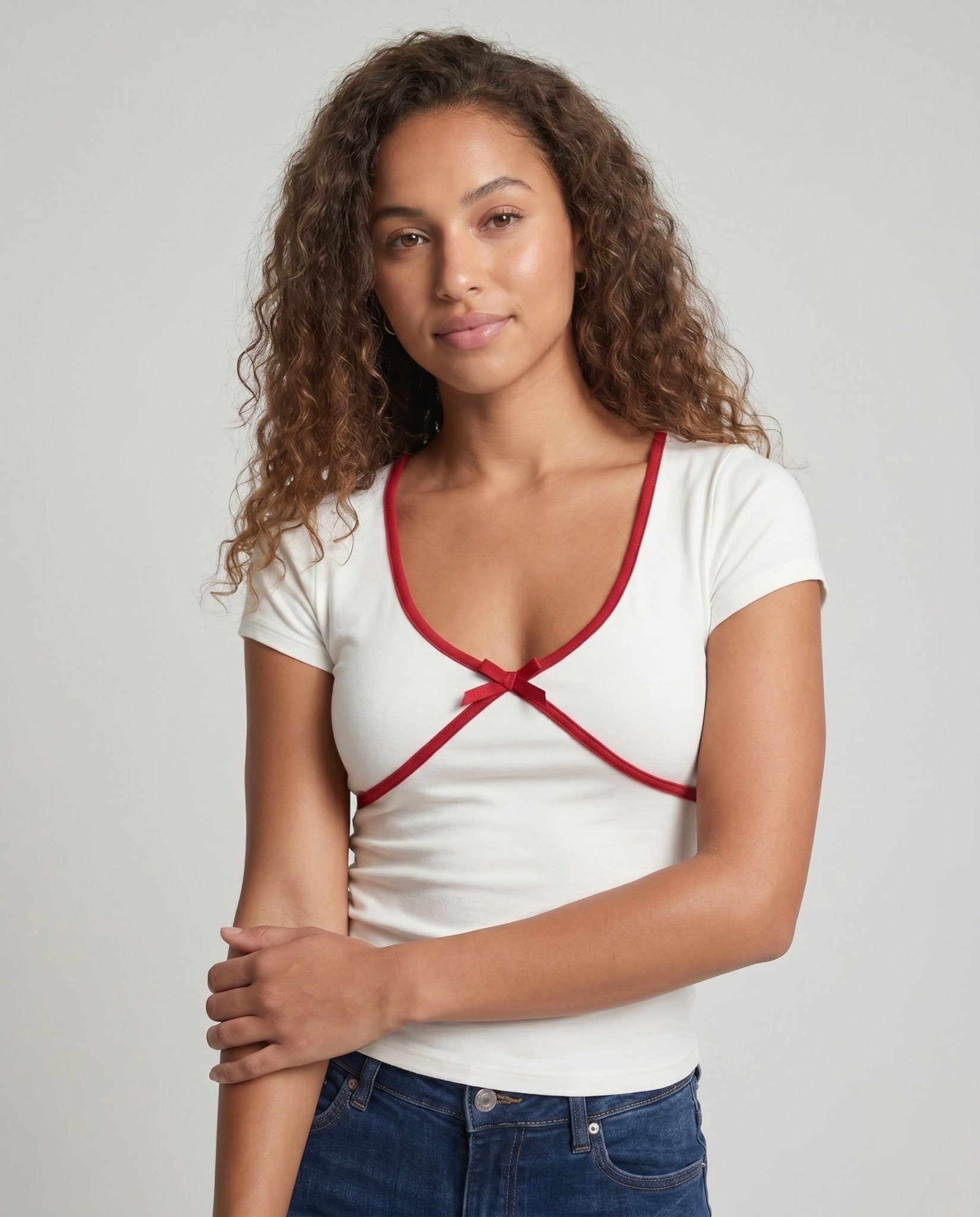 Women's elegant T-shirt with deep V-neck and decorative button design - Chichicherry