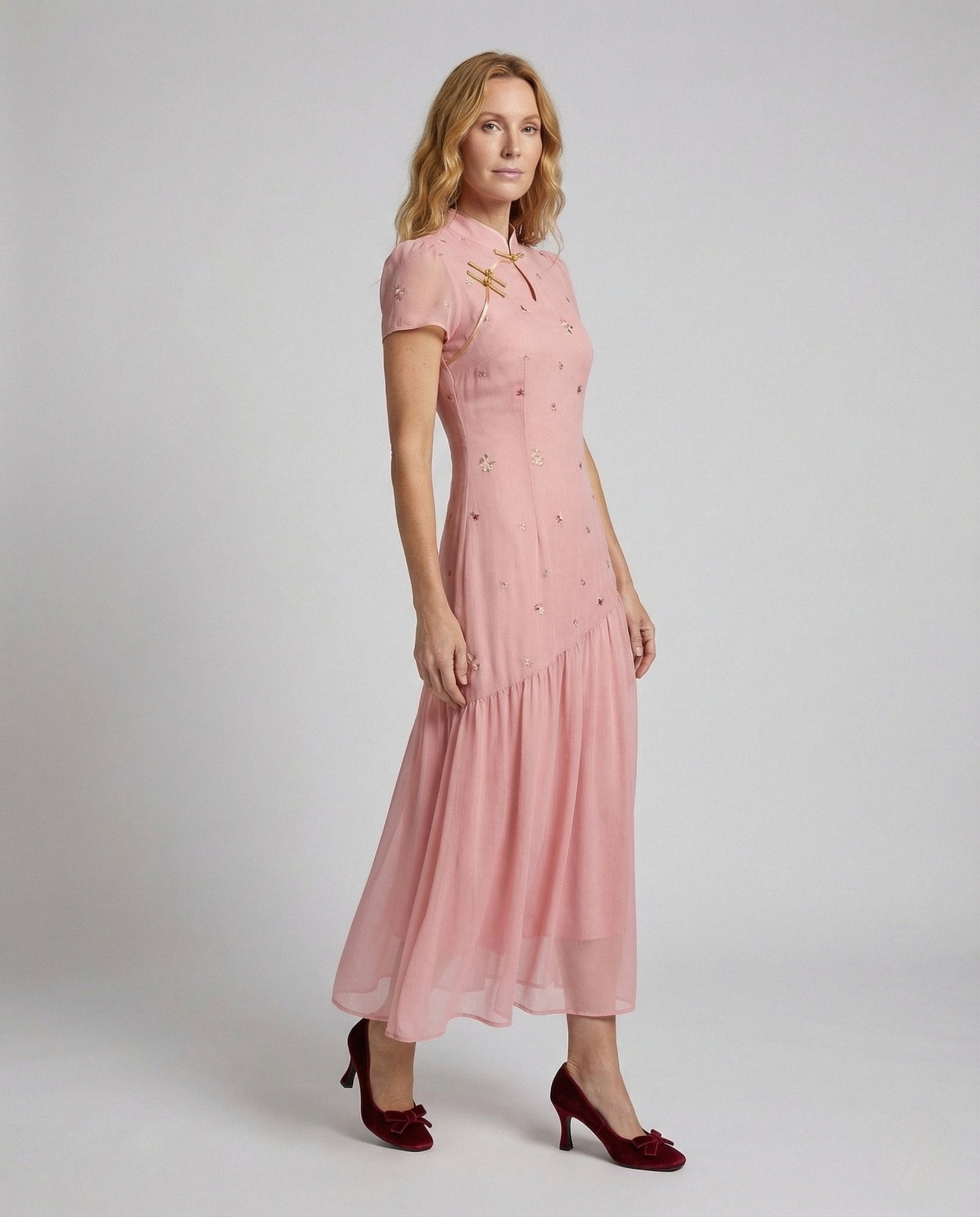 Women's Embroidered Maxi Dress with Chiffon - Chichicherry