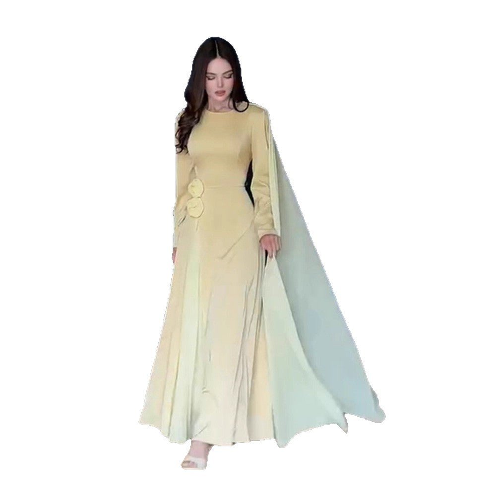 Women’s Evening Dress with Cape Sleeves, Tailored Silhouette and Decorative Flower Detail Chichicherry - Chichicherry