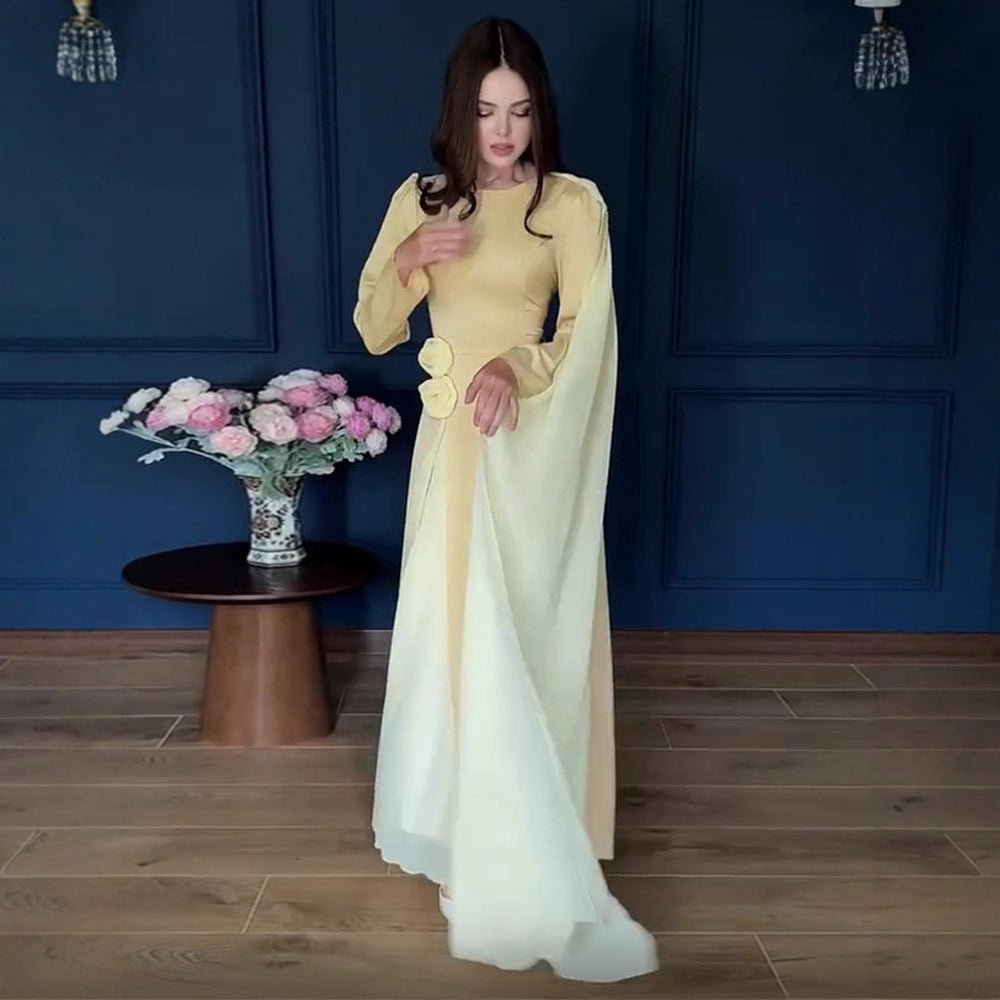 Women’s Evening Dress with Cape Sleeves, Tailored Silhouette and Decorative Flower Detail Chichicherry - Chichicherry