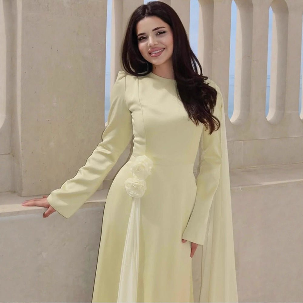 Women’s Evening Dress with Cape Sleeves, Tailored Silhouette and Decorative Flower Detail Chichicherry - Chichicherry